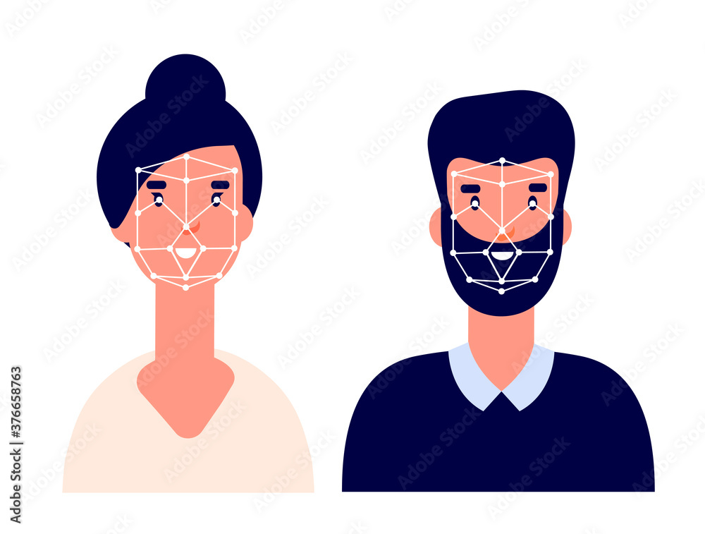 Id system. Facial identification, flat biometric technology. Face recognition or identity access profile. Safety verification vector concept. Illustration recognition identification, safety id Id system. Facial identification, flat biometric technology. Face recognition or identity access profile. Safety verification vector concept. Illustration recognition identification, safety id