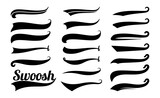 Swoosh tails. Swirl sport typography element, isolated curly text pennants. Black retro calligraphy strokes or ornament designs vector set. Curve swash drawn, scroll ornament calligraphic illustration