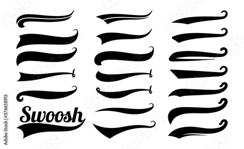 Swoosh tails. Swirl sport typography element, isolated curly text pennants. Black retro calligraphy strokes or ornament designs vector set. Curve swash drawn, scroll ornament calligraphic illustration photo