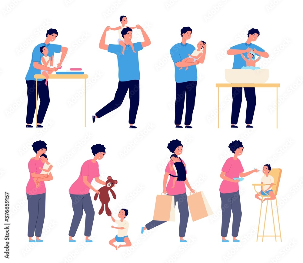 Toddler in family. Mother with baby, father taking care child. Parents playing washing feeding hugging son or daughter vector illustration. Mother care, parent and child, father and mom