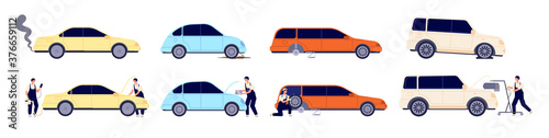 Car repair. Auto services, diagnostic wheels maintenance. Auto mechanic working with automobile, transport troubleshoot vector illustration. Auto mechanic repair, vehicle automobile diagnostic