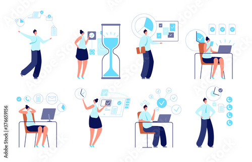 Successful time management. Entrepreneur organizing activity, manager planning work. Tasks or schedule, productive office vector illustration. Business entrepreneur, management professional