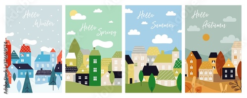 Four season cards. Autumn winter spring summer with city landscape. Seasonal poster, Christmas time. Country neighborhood, nature houses vector illustration. Spring and autumn, winter and summer