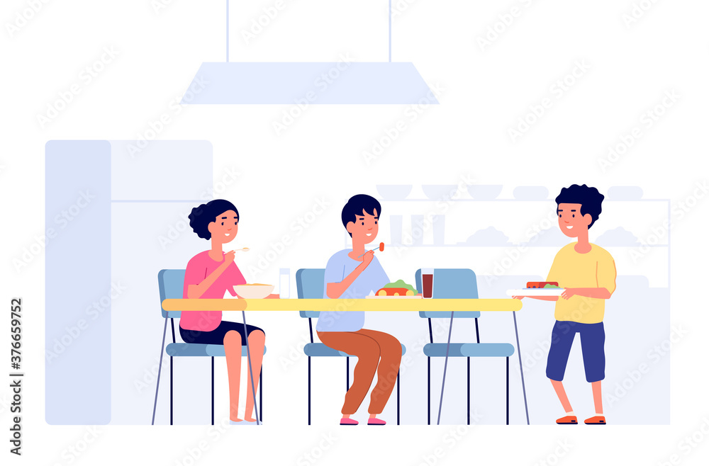 Children on lunch. School kids eating, cafeteria room table. Flat students  in canteen meeting new friend, dining time vector illustration. Children  dinner in canteen school breakfast eating Stock Vector