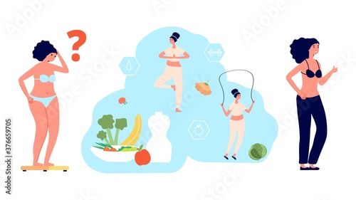 Weight loss process. Diet, plump girl weighed on scales. Fat vs slim, woman choose slimness and health. Healthy eating and sports vector illustration. Body figure, loss weight, female and overweight