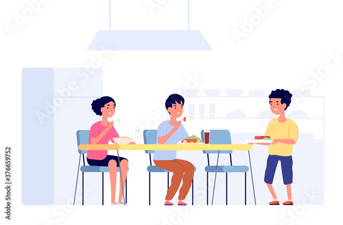Children on lunch. School kids eating, cafeteria room table. Flat students in canteen meeting new friend, dining time vector illustration. Children dinner in canteen school breakfast eating