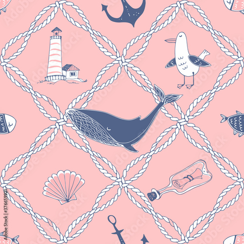 Seamless pattern on a marine theme with sea ropes whales and gulls in a cute Doodle style. Vector.