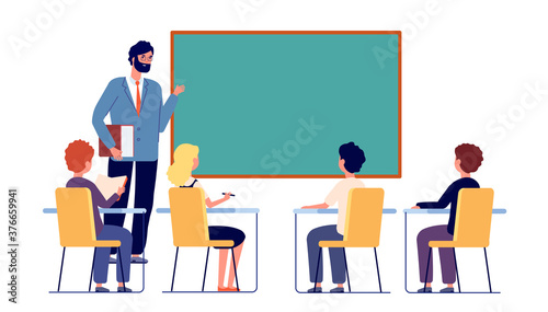 Children study with teacher. School inclusion study, kids discuss in classroom. Girl boy sitting and learning, education vector illustration. Teacher education at lesson in classroom