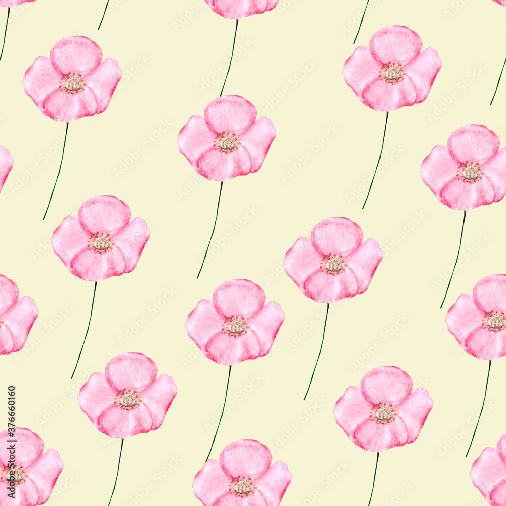 Obraz premium Seamless pattern with pink wildflowers on a light background. Watercolor drawing for textiles, packaging, Wallpaper and backgrounds.