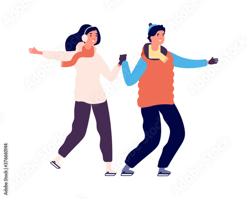 Couple skating. People on ice, winter outdoor activities. Happy sport man woman, active holiday dating vector illustration. Active happy woman and man ride ice-skating