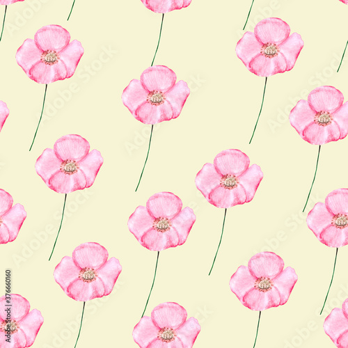 Seamless pattern with pink wildflowers on a light background. Watercolor drawing for textiles, packaging, Wallpaper and backgrounds.