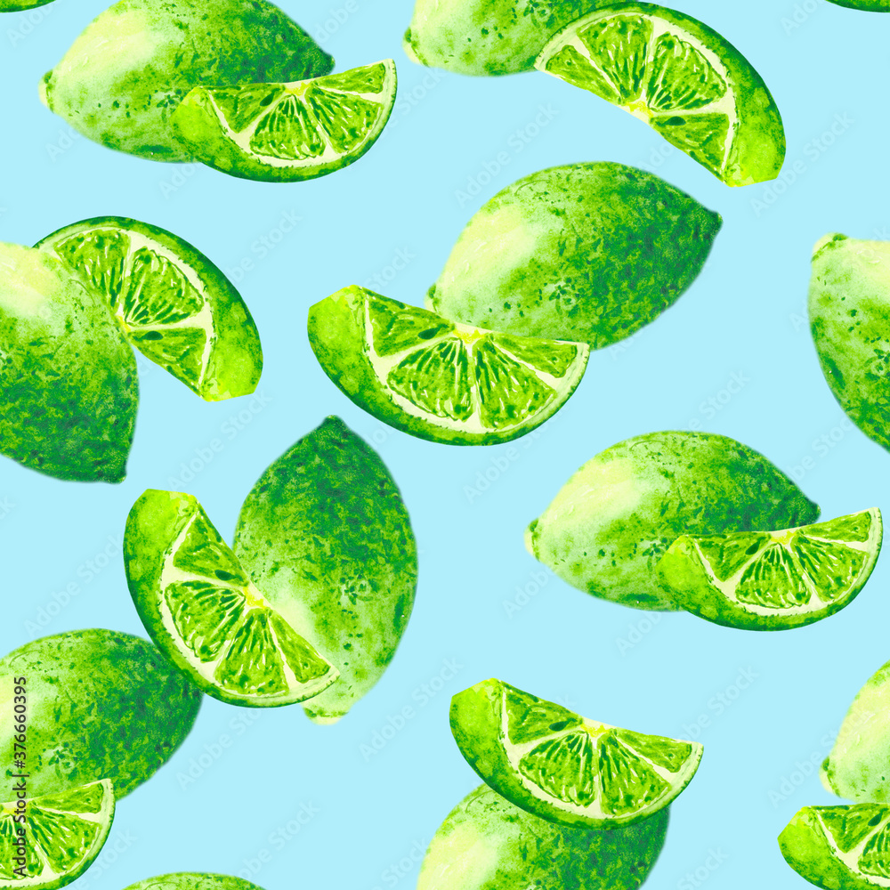 Delicious seamless pattern with juicy bright fruits and lime slices. Delicious background for textiles, Wallpaper, packaging, attractive illustrations, signage and advertising of drinks and lemonade.