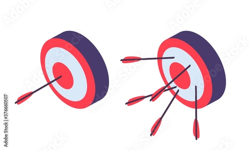 Isometric targets. Archery, arrow in goal and failure. Business ambitions metaphor, success and fail illustration. Isolated darts game vector icons. Aim achievement, sport target isometric