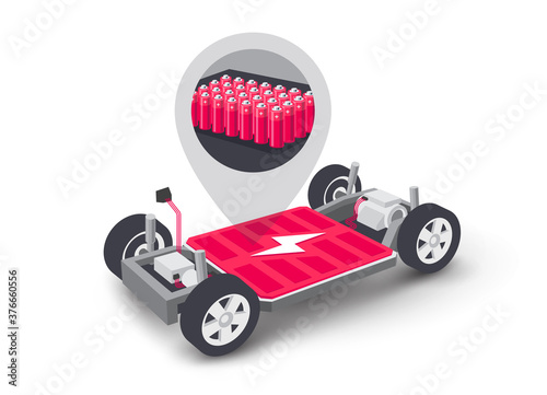 Modern electric car modular platform board scheme with battery pack rechargeable cells inside. Electric skateboard module chassis components, motor powertrain, controller. Isolated vector illustration