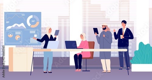 Office team. International business meeting, partners meeting. Arab workers, muslim women at work. Corporate teaching vector illustration. Meeting team and partnership, teamwork