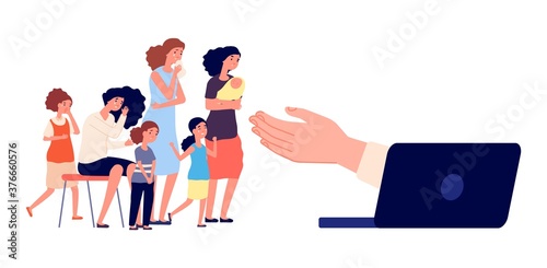 Online psychologist support. Crying female group, victims of harassment. Depressed adult woman and girls. Psychotherapy web help service vector illustration. Support psychologist online