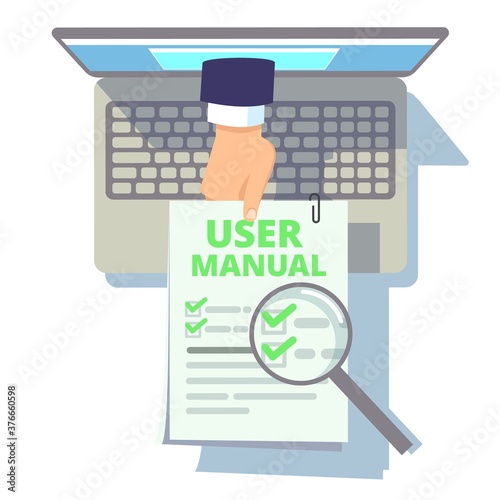 Online user guide. Web manual, hand from laptop screen holding instruction or info. Flat computer with booklet, client service vector illustration. Online information instruction, help service guide