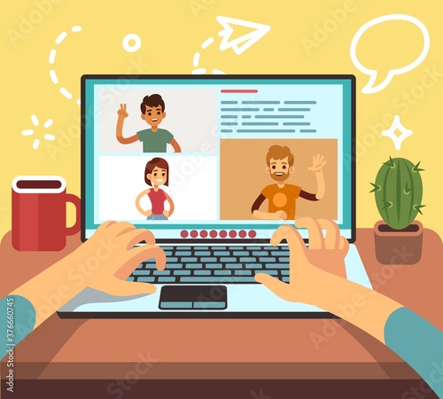 Video conference. Friends call online, family chatting. Business corporate remote work, freelancers live stream. Distance teamwork, people on laptop vector illustration. People online communication