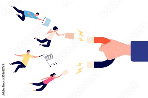 Attraction customers. Client magnet, target advertising concept. Store attract people, flat market audience with carts vector illustration. Magnet target, marketing attract lead