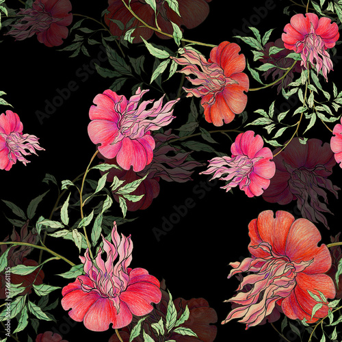 Flower with leaves on a black background. Seamless pattern. Drawing with crayons and ink. Use printed materials, packaging, prints, objects, websites, maps.