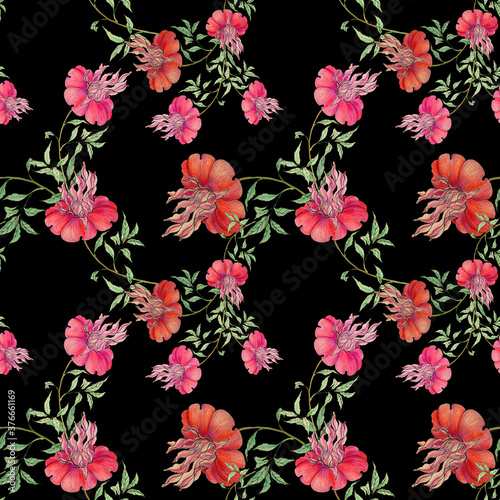 Flower with leaves on a black background. Seamless pattern. Drawing with crayons and ink. Use printed materials, packaging, prints, objects, websites, maps.