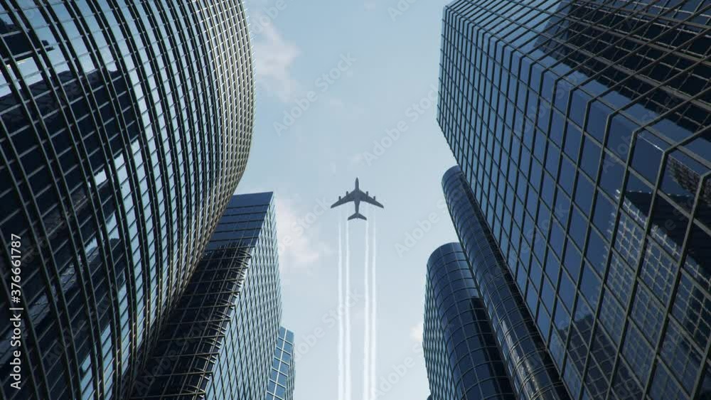 Airplane flight over the business center of skyscrapers. Bottom view of skyscrapers with flying airplane on a bright sunny day, business district. Success business concept. 3D animation 4k, UHD