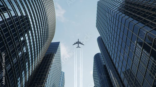 Airplane flight over the business center of skyscrapers. Bottom view of skyscrapers with flying airplane on a bright sunny day, business district. Success business concept. 3D animation 4k, UHD