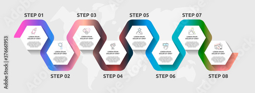Vector infographic template hexagons for eight icons, diagram, graph, presentation. Business concept with 8 steps. For content, flowchart, timeline, workflow, banner, marketing, banner, levels, web