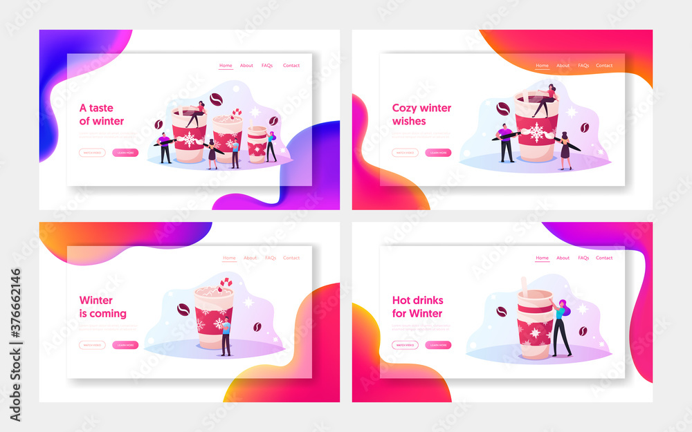 Xmas Beverage, Hot Drink in Mug Landing Page Template Set. Tiny Characters Drinking Coffee and Decorating Huge Cup