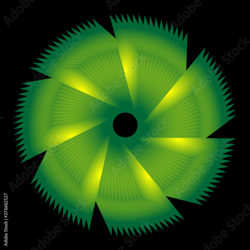 abstract symmetric circle with green fin concept. symmetric fractal spirograph. mandala, ornament, kaleidoscope