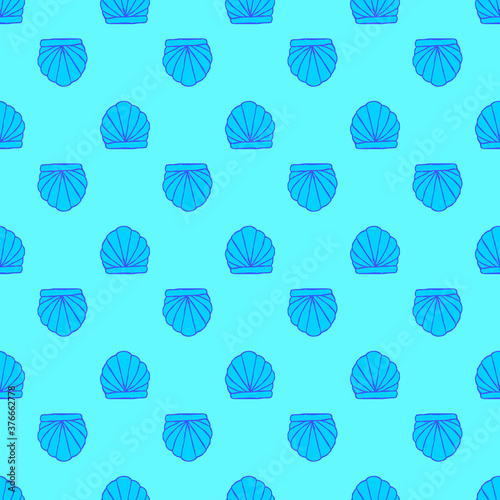 Seashell seamless pattern on the cyan background