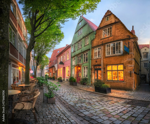 Schnoor - picturesque historic district with cobblestone streets and small colorful houses in Bremen, Germany (HDR-image)