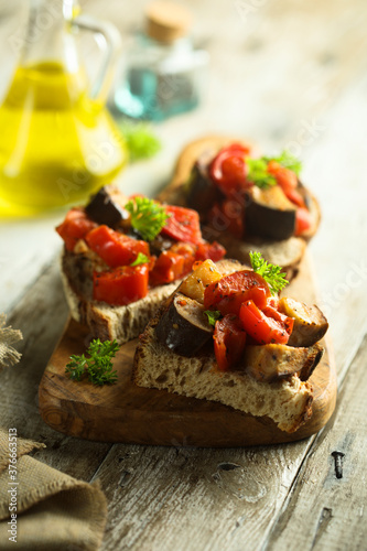 Healthy bruschetta with roasted vegetables
