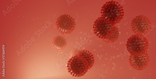 Blue COVID-19 Corona Influenza Virus Molecule 3D Illustration with red colours