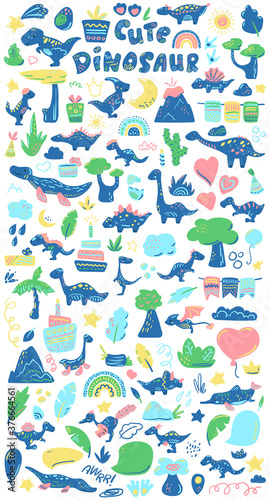 Cute dinosaurs and natural elements clipart. Dinosaur party decor set. Kids birthday or baby shower decoration