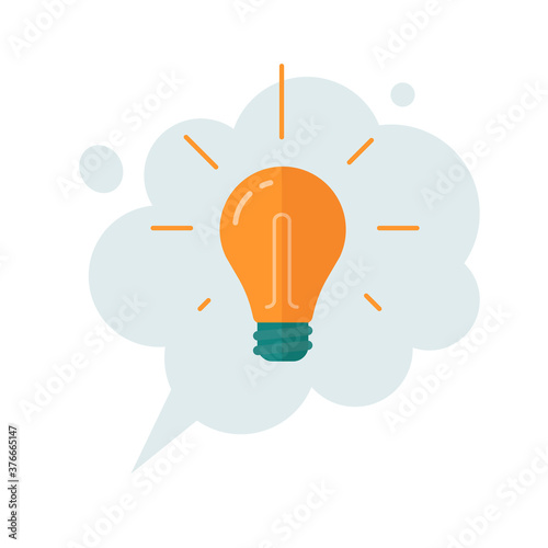Idea thinking cloud bubble with lightbulb icon vector cartoon flat illustration, concept of finding great good idea symbol, creativity light bulb message isolated