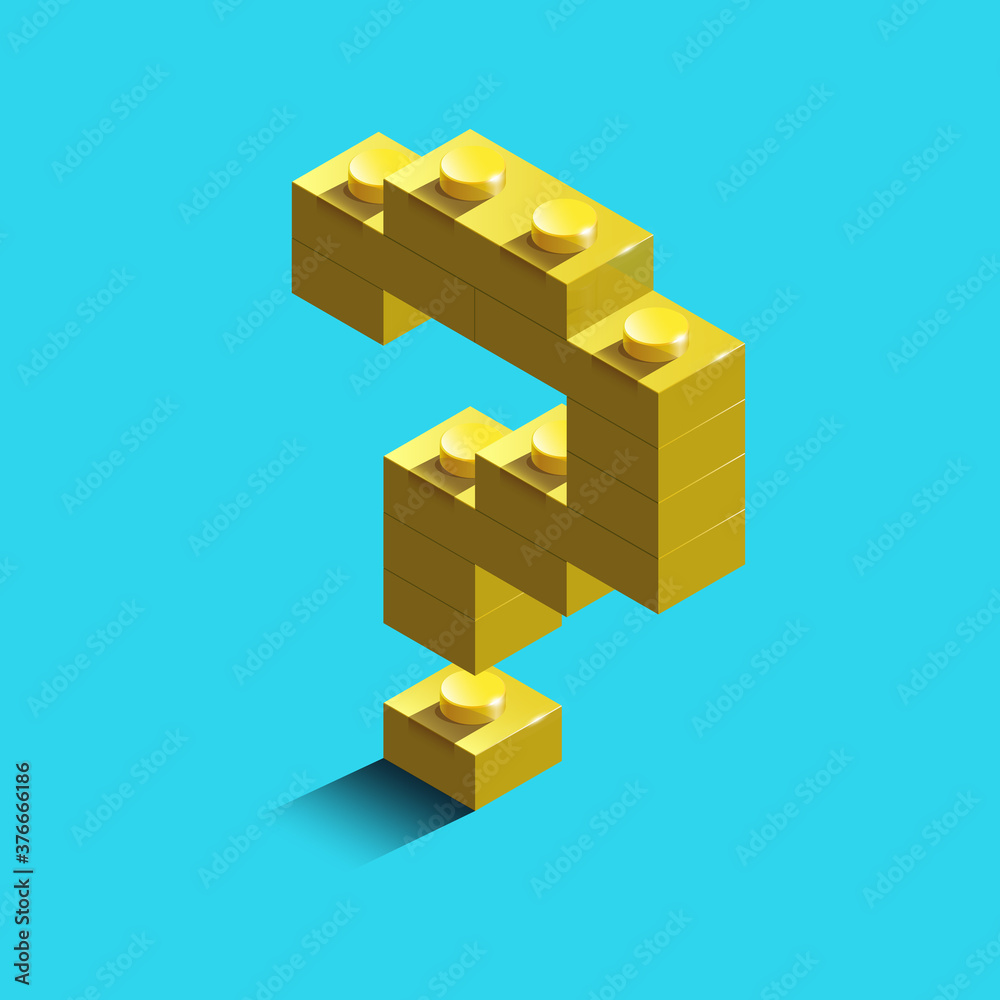 Gold 3d question mark sign icon from constructor bricks., vector illustration. Didgtal style. Colorful character of alphabet sign font. 