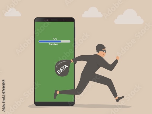 robbery of personal data via cell phone, online ransomware or malware to steal personal data from computer, criminal man thief holding bag with the word DATA running away from cell phone.