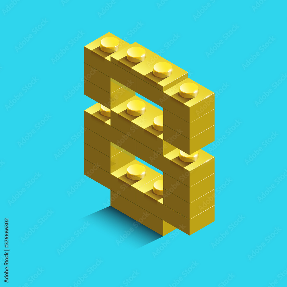 Fototapeta premium yellow number eight from constructor bricks on blue background. 3d number eight