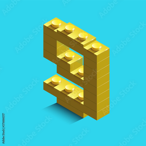 yellow number nine from constructor bricks on blue background. 3d  number nine
