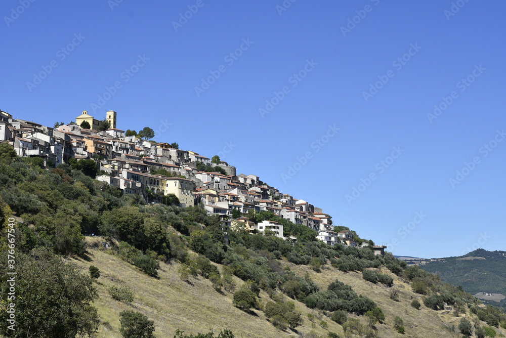 Panoramic view of Grumento Nova, an old town in the mountains of the Basilicata region, Italy.
