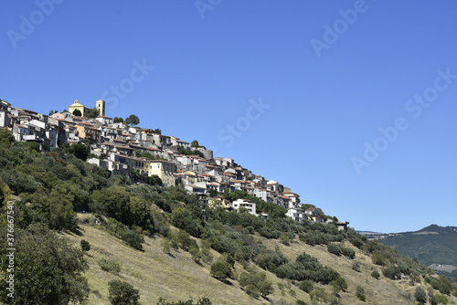 Panoramic view of Grumento Nova, an old town in the mountains of the Basilicata region, Italy. 