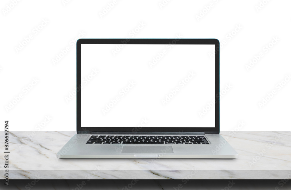 Laptop with white blank screen on marble table top in white background. Laptop with white blank screen on marble table top in white background.
