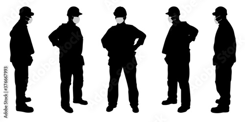Vector concept conceptual  silhouette men working while social distancing as means of prevention and protection against coronavirus contamination. A metaphor for the new normal.