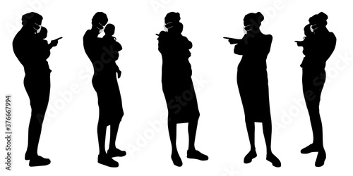 Vector concept conceptual  silhouette women taking care of children while social distancing as means of prevention and protection against coronavirus contamination. A metaphor for the new normal.