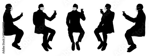 Vector concept conceptual  silhouette men drinking while social distancing as means of prevention and protection against coronavirus contamination. A metaphor for the new normal.