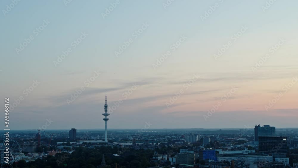 Heinrich Hertz Tower and cityscape at dusk, Hamburg, Germany Heinrich Hertz Tower and cityscape at dusk, Hamburg, Germany