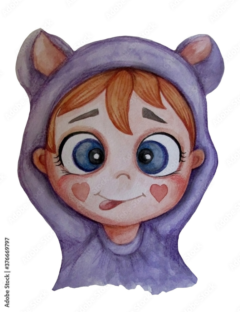 Naklejka premium A cute and funny baby in the hood of a cozy purple kigurumi pajamas - with funny ears. Watercolor hand drawing. Childrens collection. Cute illustration. isolate on white background
