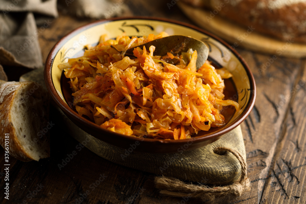 Traditional homemade cabbage stew with bay leaf Traditional homemade cabbage stew with bay leaf