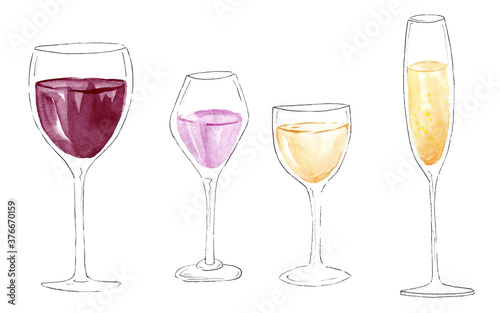 Watercolor set of glasses of champagne and red and white wine isolated on white background for postcard, logo, invitations, greeting cards, business card. Aquarelle bar menu